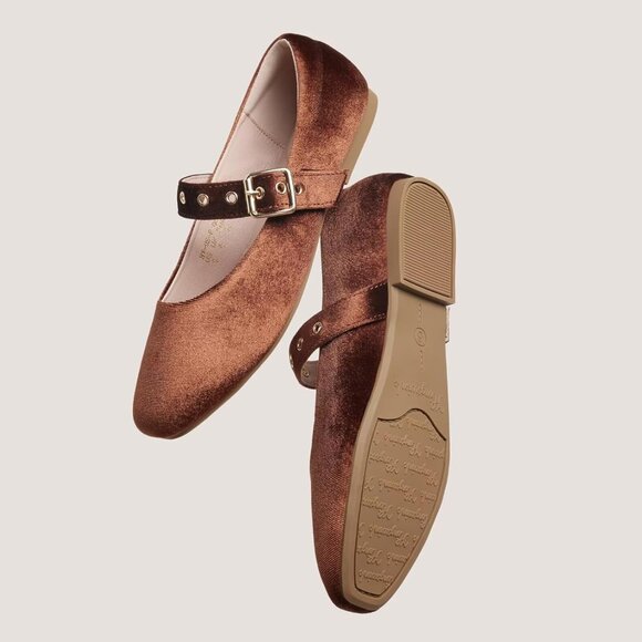 Women Velvet Coffee Polyurethane (PU) Closed Toe Strap Buckle Ballerina Flats - Picture 6 of 8